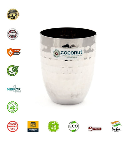 Coconut B13 Hammered Stainless Steel Glass, 200 ml, Premium Hammered Finish Drinking Tumbler, Food Grade Steel Water Glass for Juice, Milk, Lassi, Buttermilk & Daily Use, Rust Proof.