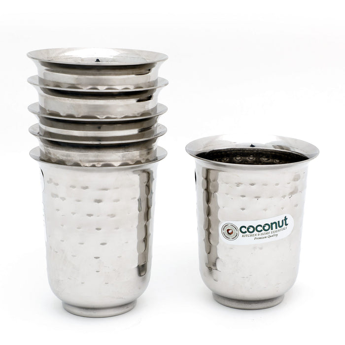 Coconut B19 Hammered Stainless Steel Glass, 300 ml, Premium Hammered Finish Drinking Tumbler, Food Grade Steel Water Glass for Juice, Milk, Lassi, Buttermilk & Daily Use, Rust Proof.