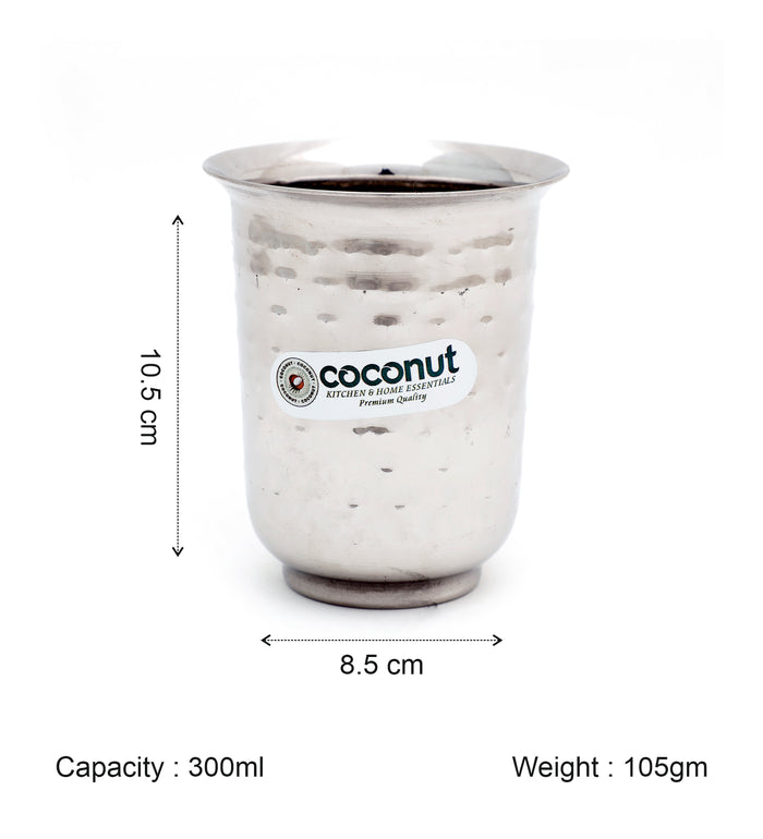 Coconut B19 Hammered Stainless Steel Glass, 300 ml, Premium Hammered Finish Drinking Tumbler, Food Grade Steel Water Glass for Juice, Milk, Lassi, Buttermilk & Daily Use, Rust Proof.