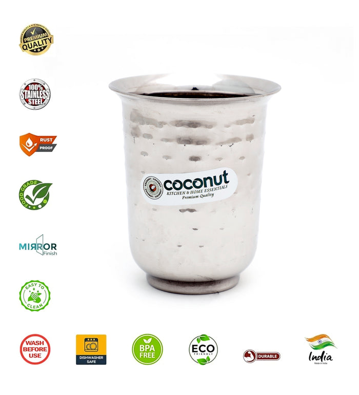 Coconut B19 Hammered Stainless Steel Glass, 300 ml, Premium Hammered Finish Drinking Tumbler, Food Grade Steel Water Glass for Juice, Milk, Lassi, Buttermilk & Daily Use, Rust Proof.