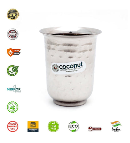 Coconut B19 Hammered Stainless Steel Glass, 300 ml, Premium Hammered Finish Drinking Tumbler, Food Grade Steel Water Glass for Juice, Milk, Lassi, Buttermilk & Daily Use, Rust Proof.