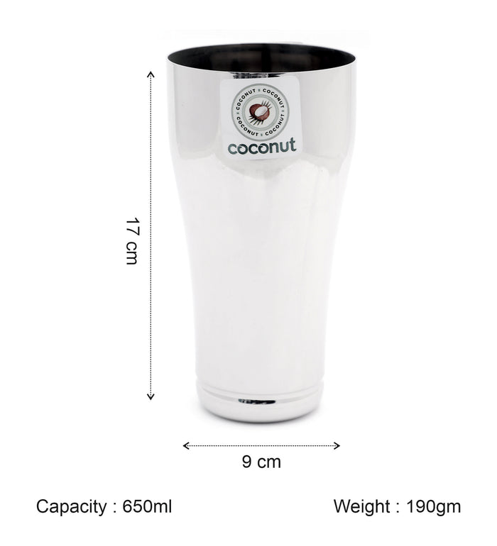 Coconut B3 Stainless Steel Lassi Glass Set of 2, 650 ml Each, Large Capacity Mirror Finish Tumbler, Food Grade Steel Glass for Lassi, Buttermilk, Milk, Juice, Water & Cold Beverages, Rust Resistant.