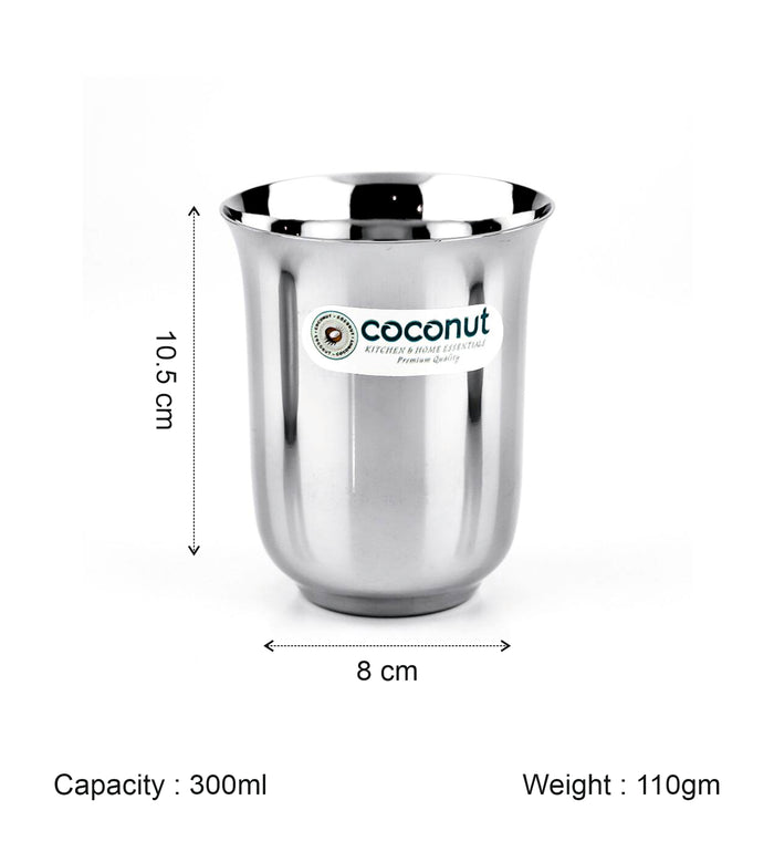 Coconut B5 Stainless Steel Plain Glass, 300 ml, Mirror Finish Drinking Tumbler, Food Grade Steel Water Glass for Juice, Milk, Lassi, Buttermilk & Daily Use, Rust Resistant.