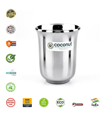 Coconut B5 Stainless Steel Plain Glass, 300 ml, Mirror Finish Drinking Tumbler, Food Grade Steel Water Glass for Juice, Milk, Lassi, Buttermilk & Daily Use, Rust Resistant.