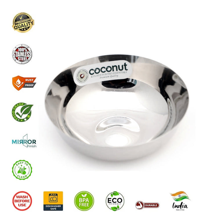Coconut C20 Marwadi Stainless Steel Bowl Set of 6 | Serving Katori/Vati Set for Snacks, Desserts & Curry | Mirror Finish | Rust Proof | Dishwasher Safe | Available in 100ml, 140ml & 200ml.