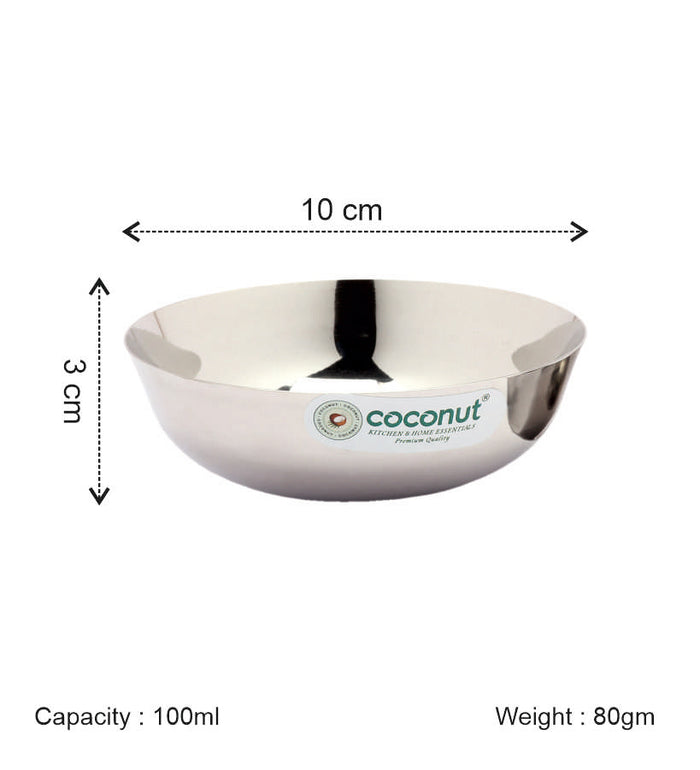 Coconut C20 Marwadi Stainless Steel Bowl Set of 6 | Serving Katori/Vati Set for Snacks, Desserts & Curry | Mirror Finish | Rust Proof | Dishwasher Safe | Available in 100ml, 140ml & 200ml.