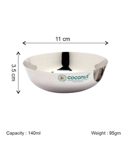 Coconut C20 Marwadi Stainless Steel Bowl Set of 6 | Serving Katori/Vati Set for Snacks, Desserts & Curry | Mirror Finish | Rust Proof | Dishwasher Safe | Available in 100ml, 140ml & 200ml.