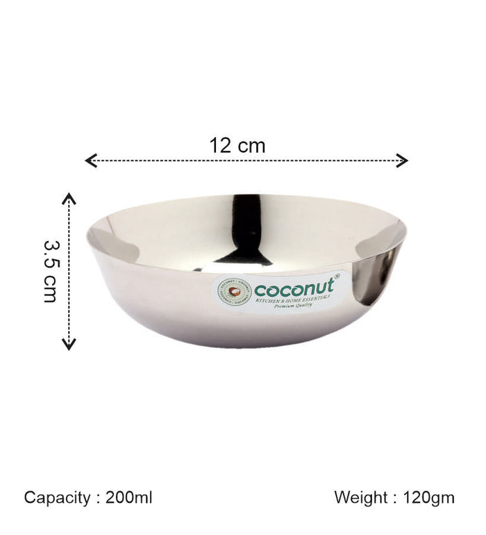 Coconut C20 Marwadi Stainless Steel Bowl Set of 6 | Serving Katori/Vati Set for Snacks, Desserts & Curry | Mirror Finish | Rust Proof | Dishwasher Safe | Available in 100ml, 140ml & 200ml.