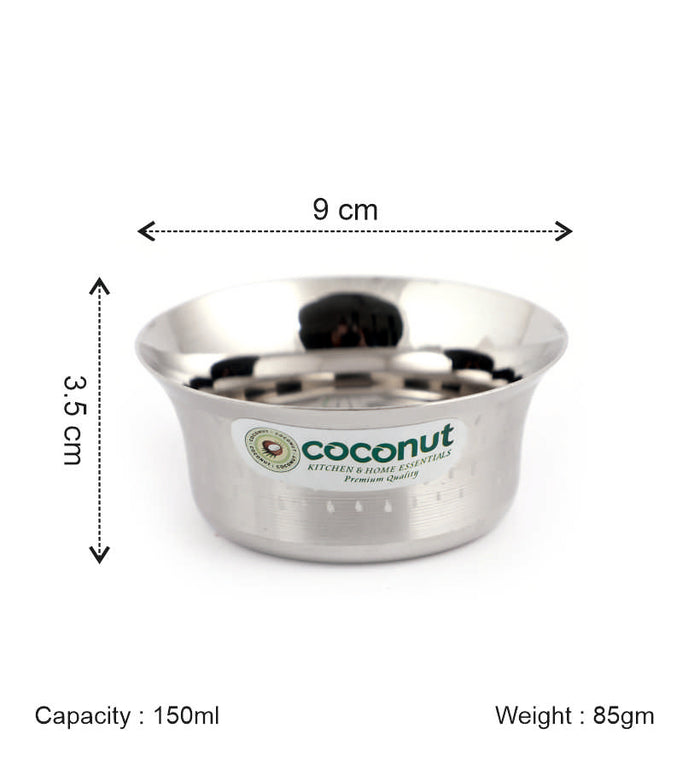 Coconut C23 Shower Pari Stainless Steel Bowl Set of 6 | Premium Serving Katori/Vati Set | Mirror Finish | Rust Proof | Dishwasher Safe | Available in 100ml, 150ml, 200ml & 250ml.