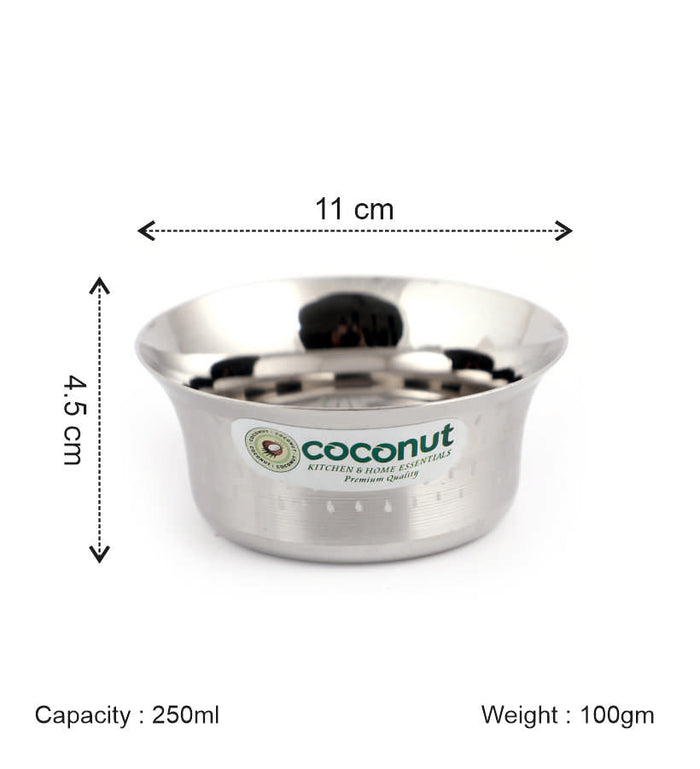 Coconut C23 Shower Pari Stainless Steel Bowl Set of 6 | Premium Serving Katori/Vati Set | Mirror Finish | Rust Proof | Dishwasher Safe | Available in 100ml, 150ml, 200ml & 250ml.