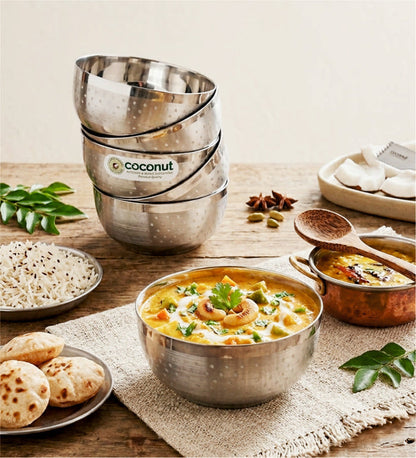 Coconut C25 Square Shower Apple Vati Set of 6 Stainless Steel Bowls | Available in 100ml, 140ml, 200ml & 250ml Sizes | Mirror Finish Katori Set for Snacks, Desserts, Curry & Daily Use | Rust Proof Steel Bowls.