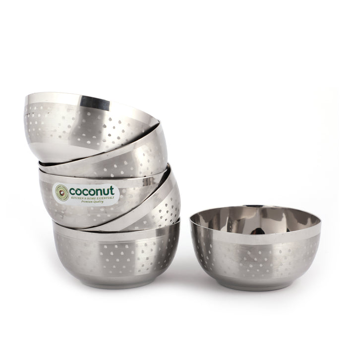 Coconut C25 Square Shower Apple Vati Set of 6 Stainless Steel Bowls | Available in 100ml, 140ml, 200ml & 250ml Sizes | Mirror Finish Katori Set for Snacks, Desserts, Curry & Daily Use | Rust Proof Steel Bowls.