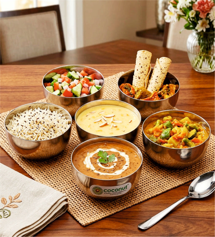 Coconut C32 Laser Vati Set of 6 Stainless Steel Bowls | 140ml Katori Set with Elegant Laser Design | Mirror Finish Serving Bowls for Snacks, Desserts, Curd & Daily Use | Rust Proof & Dishwasher Safe.