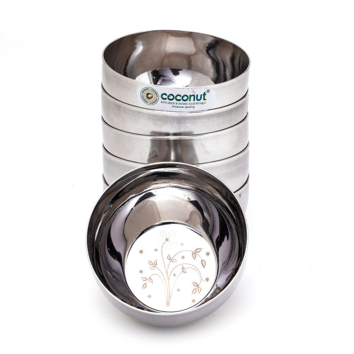Coconut C32 Laser Vati Set of 6 Stainless Steel Bowls | 140ml Katori Set with Elegant Laser Design | Mirror Finish Serving Bowls for Snacks, Desserts, Curd & Daily Use | Rust Proof & Dishwasher Safe.