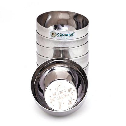Coconut C32 Laser Vati Set of 6 Stainless Steel Bowls | 140ml Katori Set with Elegant Laser Design | Mirror Finish Serving Bowls for Snacks, Desserts, Curd & Daily Use | Rust Proof & Dishwasher Safe.