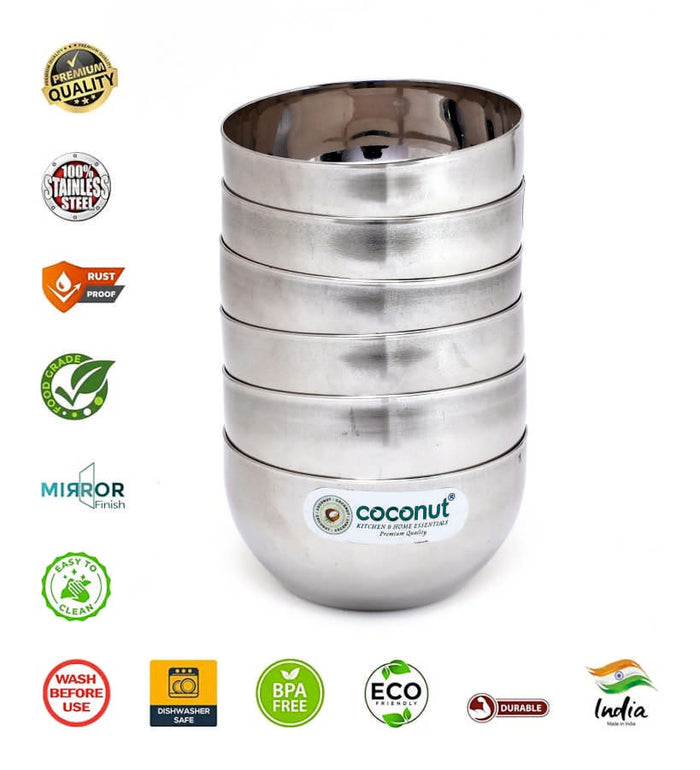 Coconut C32 Laser Vati Set of 6 Stainless Steel Bowls | 140ml Katori Set with Elegant Laser Design | Mirror Finish Serving Bowls for Snacks, Desserts, Curd & Daily Use | Rust Proof & Dishwasher Safe.