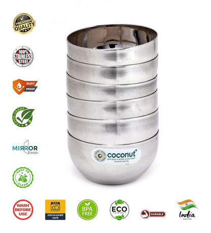 Coconut C32 Laser Vati Set of 6 Stainless Steel Bowls | 140ml Katori Set with Elegant Laser Design | Mirror Finish Serving Bowls for Snacks, Desserts, Curd & Daily Use | Rust Proof & Dishwasher Safe.