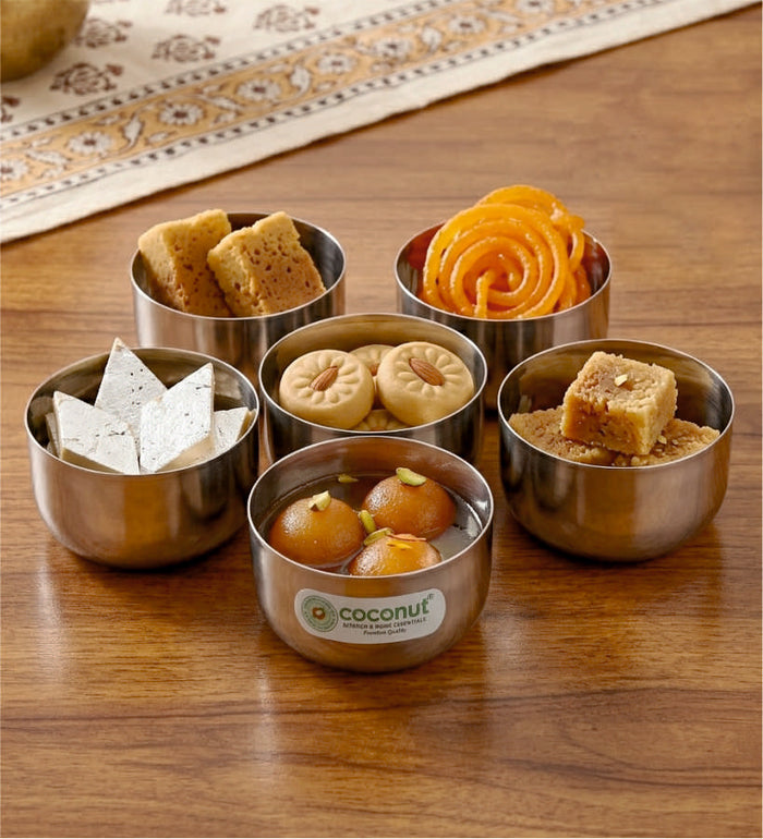Coconut C35 Sada Vati Set of 6 Stainless Steel Bowls | Available in 100ml, 130ml & 200ml Sizes | Mirror Finish Katori Set for Snacks, Desserts, Curd, Curry & Daily Use | Rust Proof Steel Bowls.