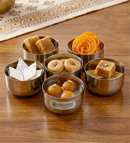 Coconut C35 Sada Vati Set of 6 Stainless Steel Bowls | Available in 100ml, 130ml & 200ml Sizes | Mirror Finish Katori Set for Snacks, Desserts, Curd, Curry & Daily Use | Rust Proof Steel Bowls.