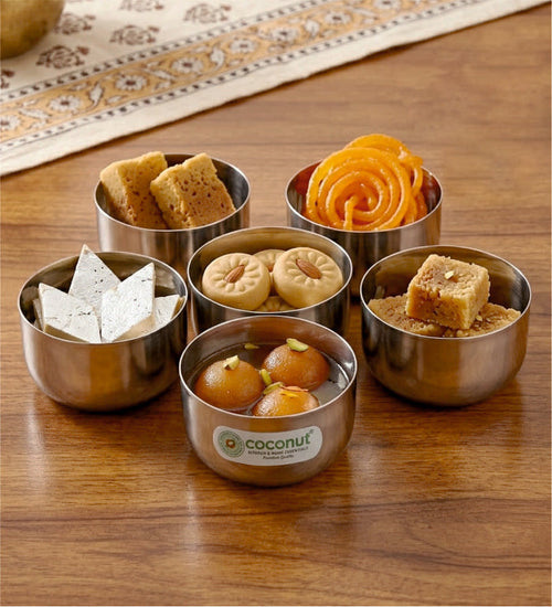 Coconut C35 Sada Vati Set of 6 Stainless Steel Bowls | Available in 100ml, 130ml & 200ml Sizes | Mirror Finish Katori Set for Snacks, Desserts, Curd, Curry & Daily Use | Rust Proof Steel Bowls.