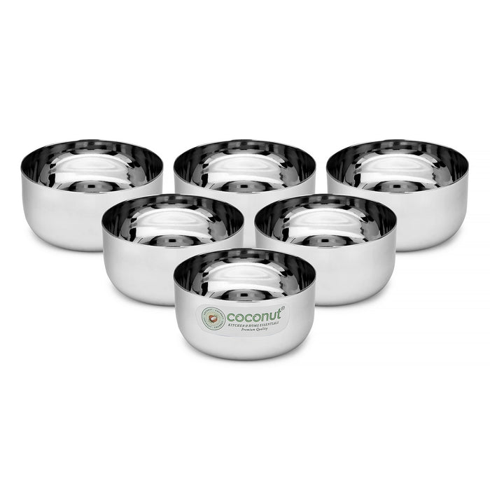 Coconut C35 Sada Vati Set of 6 Stainless Steel Bowls | Available in 100ml, 130ml & 200ml Sizes | Mirror Finish Katori Set for Snacks, Desserts, Curd, Curry & Daily Use | Rust Proof Steel Bowls.