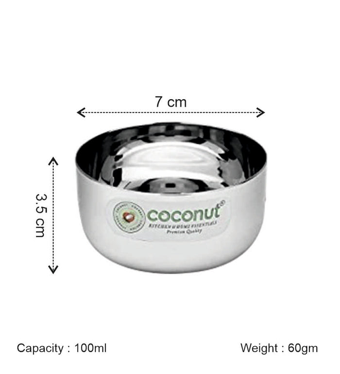 Coconut C35 Sada Vati Set of 6 Stainless Steel Bowls | Available in 100ml, 130ml & 200ml Sizes | Mirror Finish Katori Set for Snacks, Desserts, Curd, Curry & Daily Use | Rust Proof Steel Bowls.