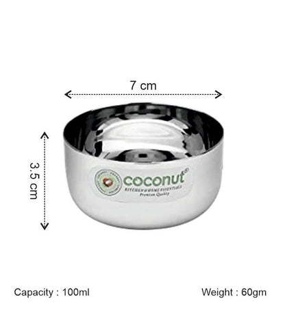 Coconut C35 Sada Vati Set of 6 Stainless Steel Bowls | Available in 100ml, 130ml & 200ml Sizes | Mirror Finish Katori Set for Snacks, Desserts, Curd, Curry & Daily Use | Rust Proof Steel Bowls.