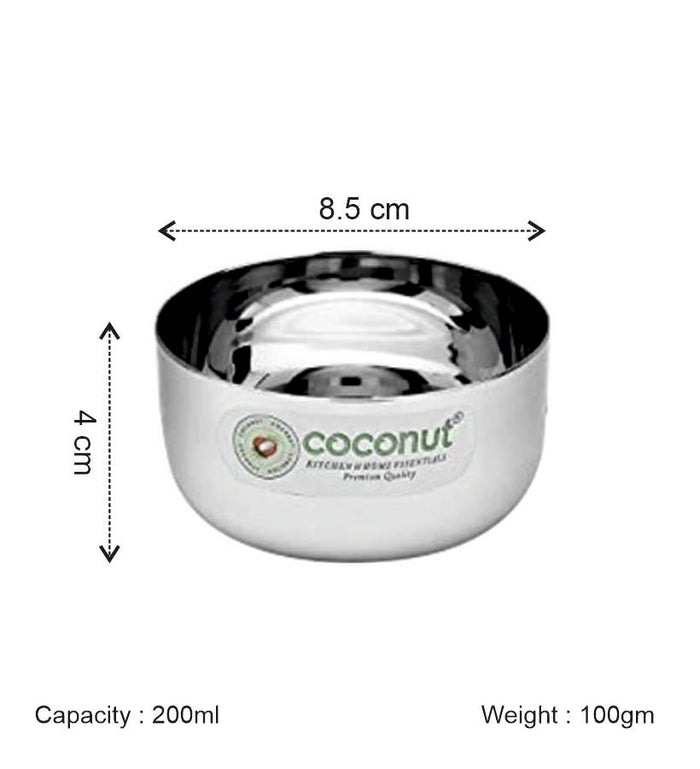 Coconut C35 Sada Vati Set of 6 Stainless Steel Bowls | Available in 100ml, 130ml & 200ml Sizes | Mirror Finish Katori Set for Snacks, Desserts, Curd, Curry & Daily Use | Rust Proof Steel Bowls.