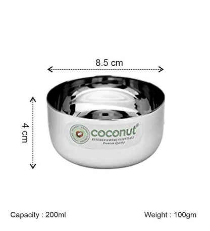 Coconut C35 Sada Vati Set of 6 Stainless Steel Bowls | Available in 100ml, 130ml & 200ml Sizes | Mirror Finish Katori Set for Snacks, Desserts, Curd, Curry & Daily Use | Rust Proof Steel Bowls.