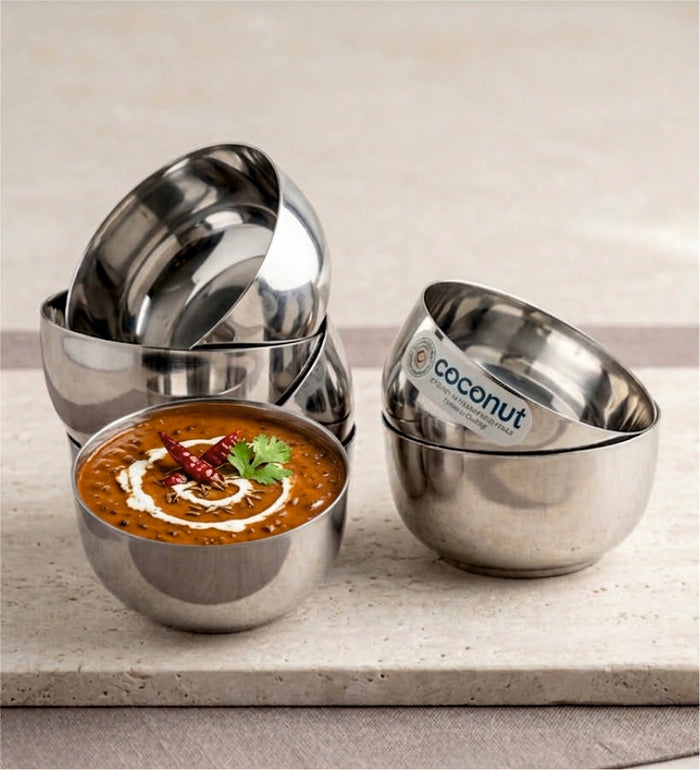 Coconut C4 Square Apple Vati Set of 6 | Stainless Steel Serving Bowls (100ml, 150ml, 200ml, 250ml) | Mirror Finish, Rust-Proof, Food Grade Katori Set for Kitchen & Dining.