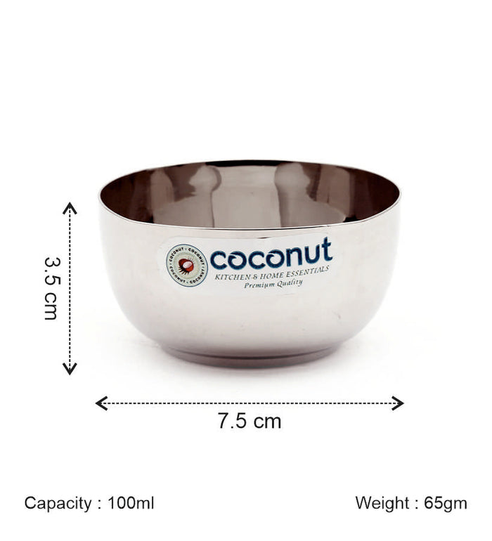 Coconut C4 Square Apple Vati Set of 6 | Stainless Steel Serving Bowls (100ml, 150ml, 200ml, 250ml) | Mirror Finish, Rust-Proof, Food Grade Katori Set for Kitchen & Dining.
