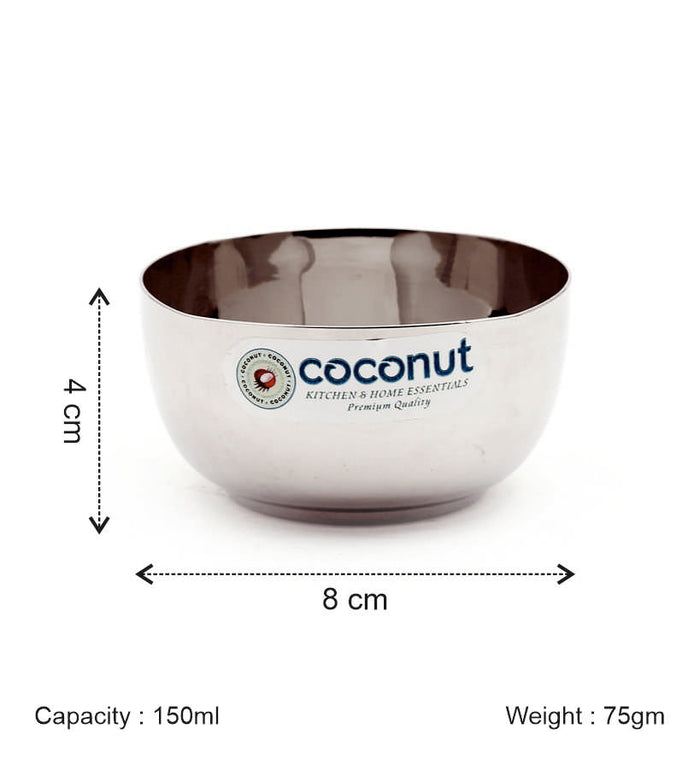 Coconut C4 Square Apple Vati Set of 6 | Stainless Steel Serving Bowls (100ml, 150ml, 200ml, 250ml) | Mirror Finish, Rust-Proof, Food Grade Katori Set for Kitchen & Dining.
