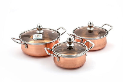 Coconut Diva Polish Copper Bottom With Glass Lid Handi - Food Grade, Mirror Finish, Heavy Gauge, induction and Gas Based, Model - Diva Copper Polish glass Lid