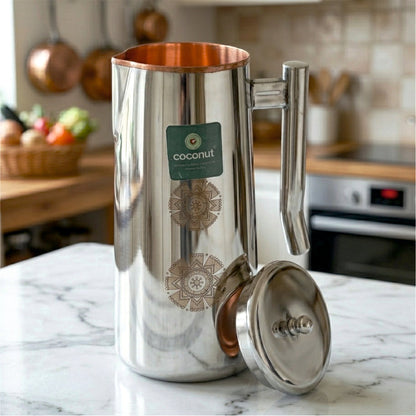 Coconut Laser Femina Jug 1000ml | Stainless Steel Inner Copper Water Jug with Lid & Handle | Laser Design Water Pitcher for Water, Juice, Lemonade & Beverages | Food Grade, BPA Free, Rust Proof | Home, Hotel & Dining Use | Model J9.