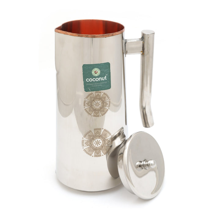 Coconut Laser Femina Jug 1000ml | Stainless Steel Inner Copper Water Jug with Lid & Handle | Laser Design Water Pitcher for Water, Juice, Lemonade & Beverages | Food Grade, BPA Free, Rust Proof | Home, Hotel & Dining Use | Model J9.