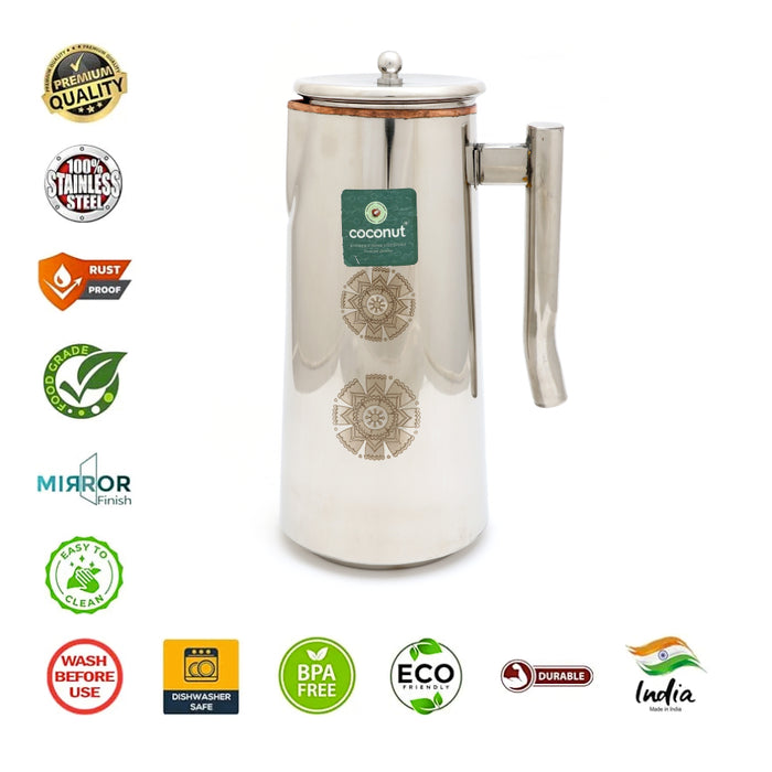 Coconut Laser Femina Jug 1000ml | Stainless Steel Inner Copper Water Jug with Lid & Handle | Laser Design Water Pitcher for Water, Juice, Lemonade & Beverages | Food Grade, BPA Free, Rust Proof | Home, Hotel & Dining Use | Model J9.