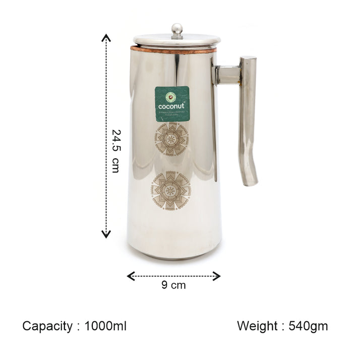 Coconut Laser Femina Jug 1000ml | Stainless Steel Inner Copper Water Jug with Lid & Handle | Laser Design Water Pitcher for Water, Juice, Lemonade & Beverages | Food Grade, BPA Free, Rust Proof | Home, Hotel & Dining Use | Model J9.