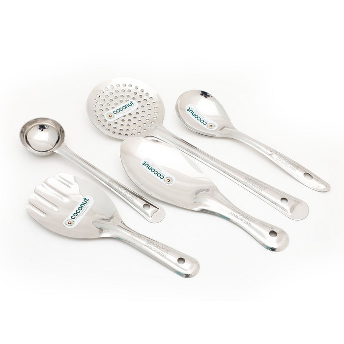 Coconut Serving Spoon - Seving Spoon for Rice, Daal, Curry, Pasta, Food, Liquid | 2 Rice Spoon, 1 Oval Spoon, 1 Jhara & 1 Ladle - Set of 5, Model - Steel Ladle