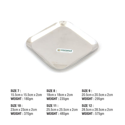 Coconut Stainless Square Steel Plate - Pack of 6, Heavy Gauge, Mirror Finish, Solid, Dinner Plate / Meal Plate / Serving Plate/ Thali, Model-P9 Square Plate