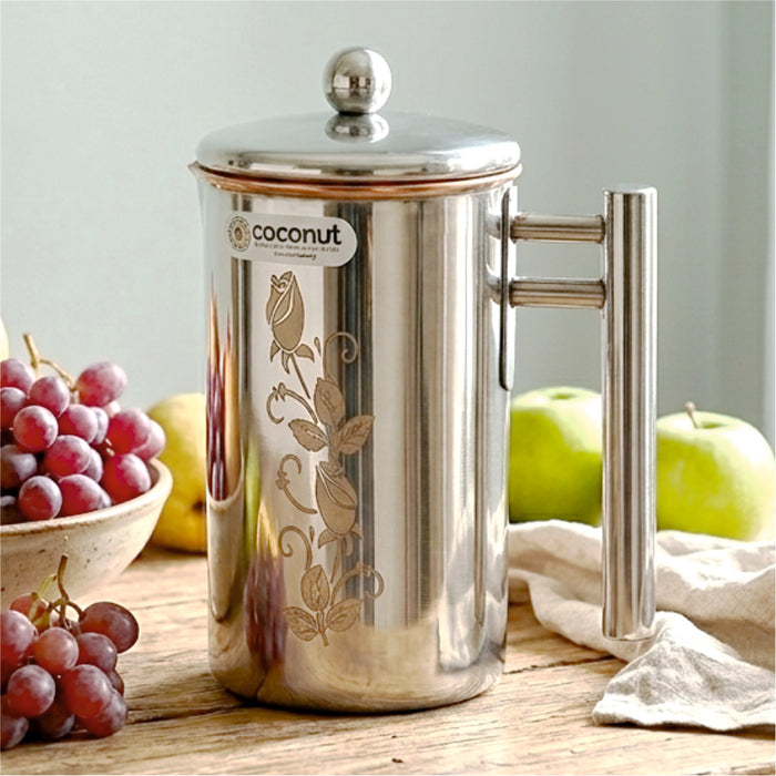 Coconut Stainless Steel & Copper Laser Art Jug 1500ml | Copper Water Jug with Stainless Steel Exterior | Laser Printed Water Pitcher with Lid & Handle | Food Grade, BPA Free, Easy Pour, Rust Proof | Water, Juice & Beverage Container.