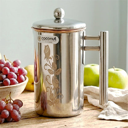 Coconut Stainless Steel & Copper Laser Art Jug 1500ml | Copper Water Jug with Stainless Steel Exterior | Laser Printed Water Pitcher with Lid & Handle | Food Grade, BPA Free, Easy Pour, Rust Proof | Water, Juice & Beverage Container.