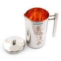 Coconut Stainless Steel & Copper Laser Art Jug 1500ml | Copper Water Jug with Stainless Steel Exterior | Laser Printed Water Pitcher with Lid & Handle | Food Grade, BPA Free, Easy Pour, Rust Proof | Water, Juice & Beverage Container.