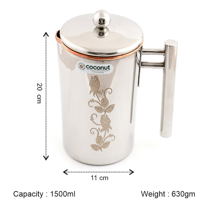 Coconut Stainless Steel & Copper Laser Art Jug 1500ml | Copper Water Jug with Stainless Steel Exterior | Laser Printed Water Pitcher with Lid & Handle | Food Grade, BPA Free, Easy Pour, Rust Proof | Water, Juice & Beverage Container.