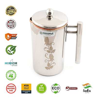 Coconut Stainless Steel & Copper Laser Art Jug 1500ml | Copper Water Jug with Stainless Steel Exterior | Laser Printed Water Pitcher with Lid & Handle | Food Grade, BPA Free, Easy Pour, Rust Proof | Water, Juice & Beverage Container.