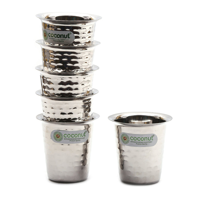 Coconut Stainless Steel Double Walled Hammered Tea/Coffee Glass - (Set of 6, Silver) - 150ml