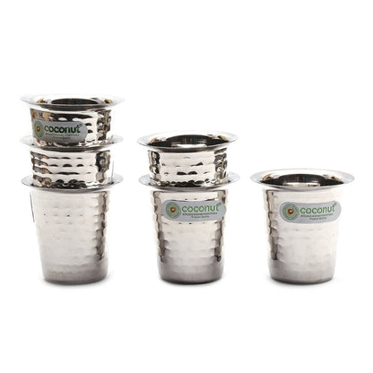 Coconut Stainless Steel Double Walled Hammered Tea/Coffee Glass - (Set of 6, Silver) - 150ml