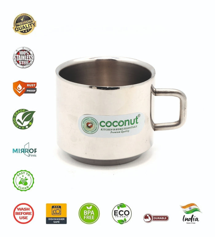 Coconut Stainless Steel Double Walled Mug | Heavy-Gauge Rust-Proof Steel | Mirror Finish | Food-Grade, BPA-Free, Eco-Friendly | Easy to Clean & Durable | Ideal for Tea, Coffee, Milk & Daily Use | Pack of 6.