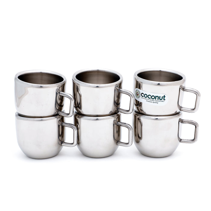 Coconut Stainless Steel Double Walled Mug | Heavy-Gauge Rust-Proof Steel | Round Shape Coffee & Tea Mug | Mirror Finish | Food-Grade, BPA-Free, Eco-Friendly | Durable & Easy to Clean | Ideal for Tea, Coffee, Milk | Pack of 6.
