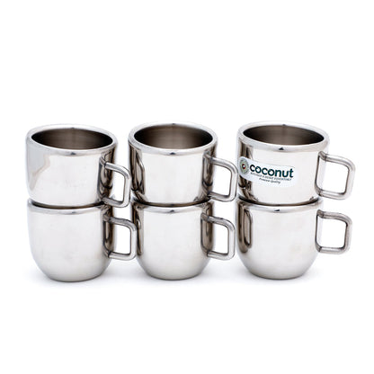 Coconut Stainless Steel Double Walled Mug | Heavy-Gauge Rust-Proof Steel | Round Shape Coffee & Tea Mug | Mirror Finish | Food-Grade, BPA-Free, Eco-Friendly | Durable & Easy to Clean | Ideal for Tea, Coffee, Milk | Pack of 6.