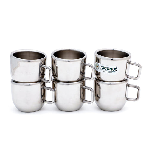 Coconut Stainless Steel Double Walled Mug | Heavy-Gauge Rust-Proof Steel | Round Shape Coffee & Tea Mug | Mirror Finish | Food-Grade, BPA-Free, Eco-Friendly | Durable & Easy to Clean | Ideal for Tea, Coffee, Milk | Pack of 6.